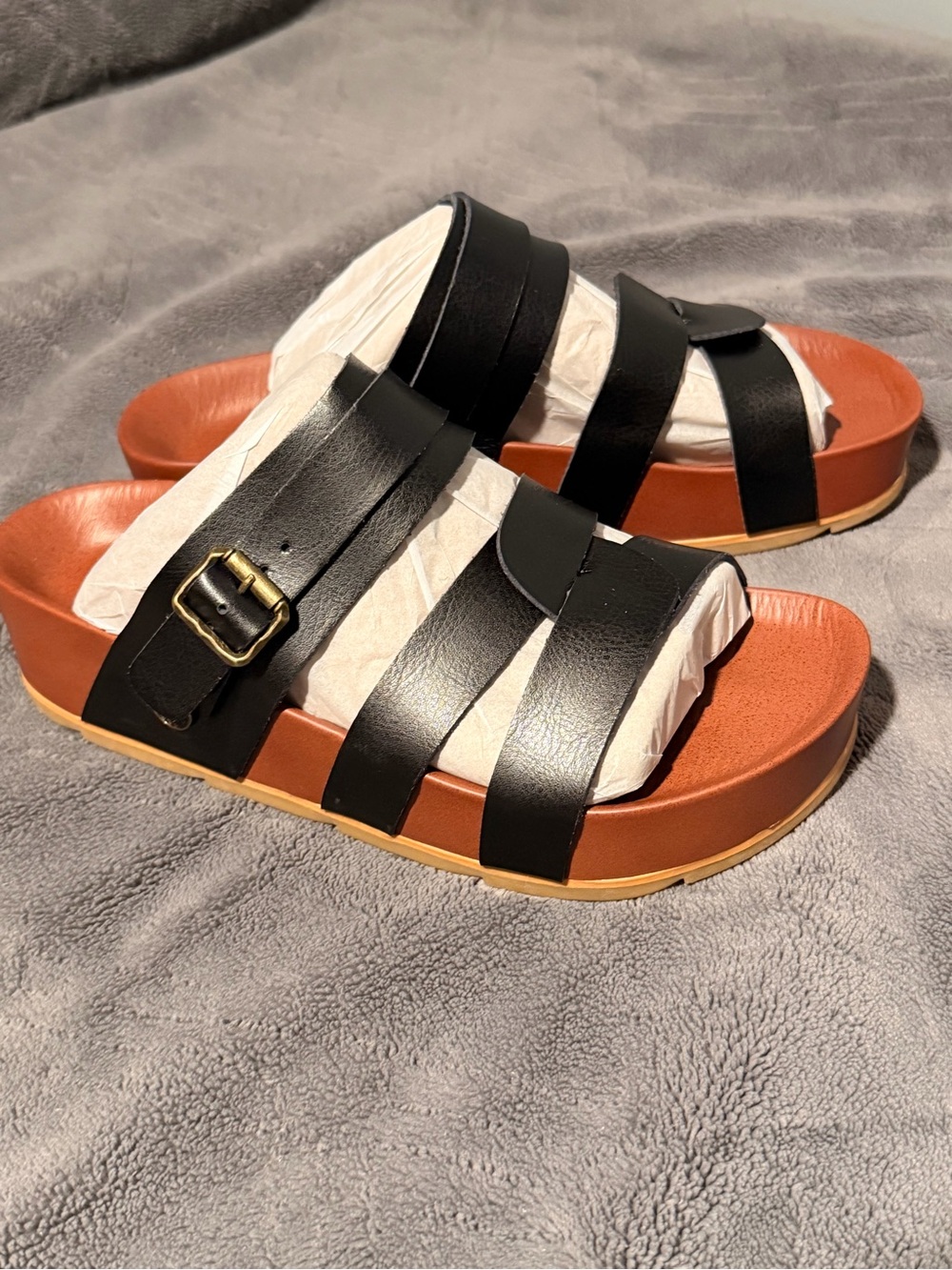 Black Triple-Strap Slide Sandals with Brown Footbed - Picture 2 of 3